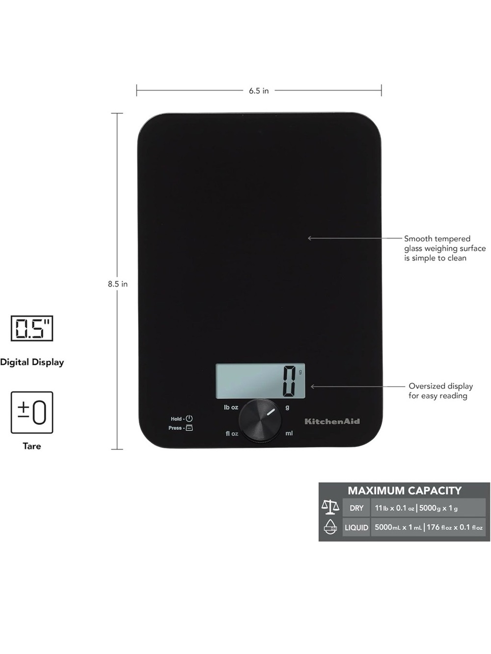 KitchenAid KQ914BA Digital Glass Top Kitchen and Food Scale, 11 lb Capacity
